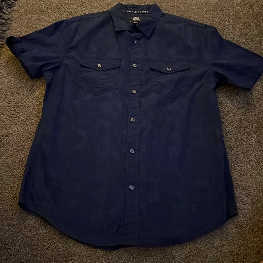 Rock & Republic Men's Short Sleeve Dress Shirt Size M Blue Geometric Print